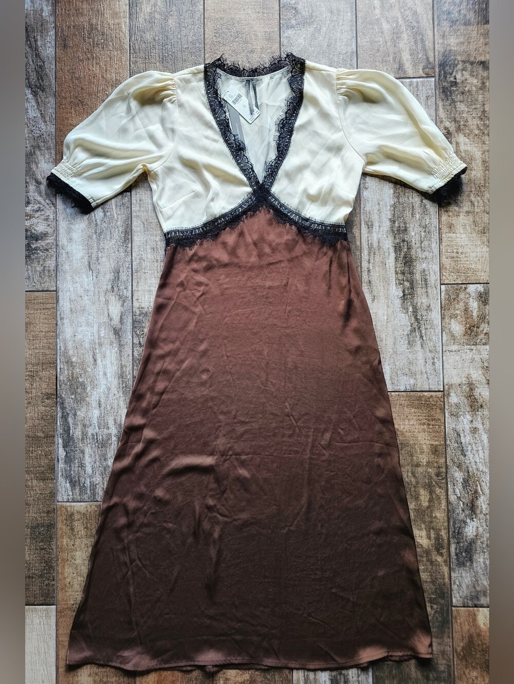 NWT Anthropologie Lace Trim Satin Midi Dress Chocolate Brown Ivory XS